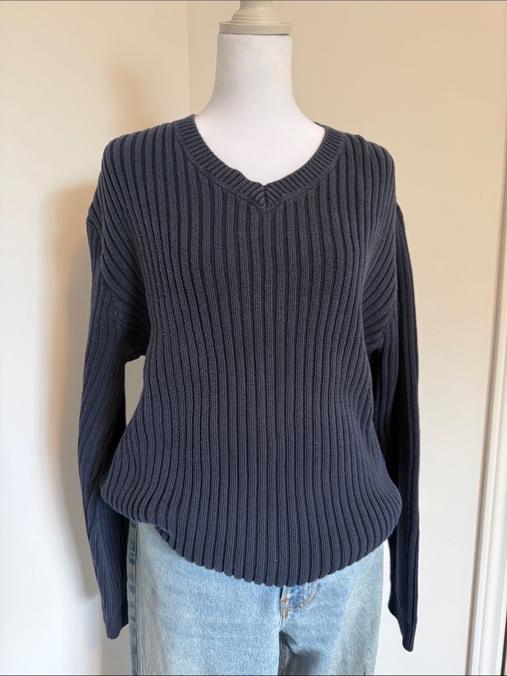 Vintage Eddie Bauer Ribbed V-Neck Sweater in Navy - Heavy Cotton